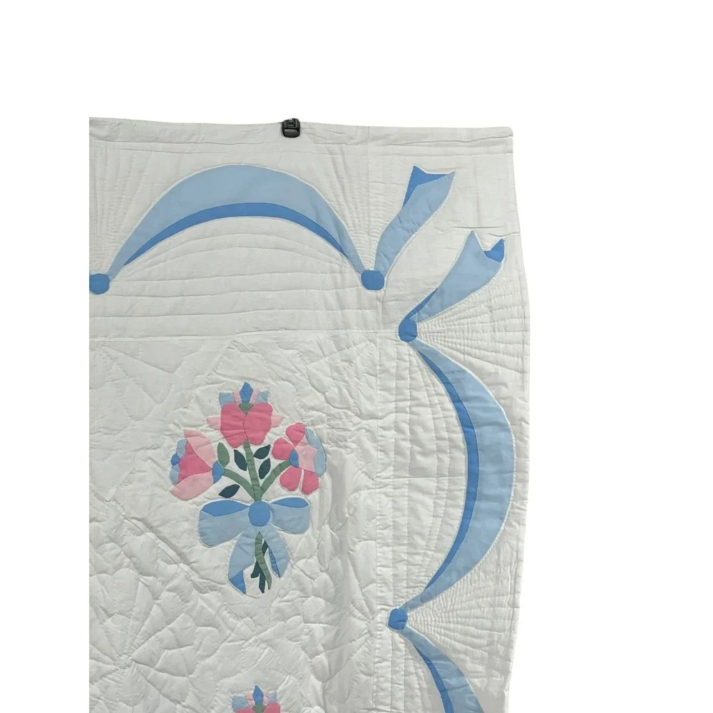 Vintage Cottage Floral Quilt Blue Pink Bow Motif Queen 90x100 Arch